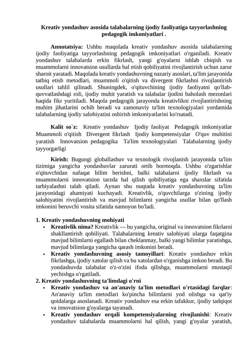 Kreativ yondashuv asosida talabalarning ijodiy faoliyatiga tayyorlashning pedagogik imkoniyatlari 1