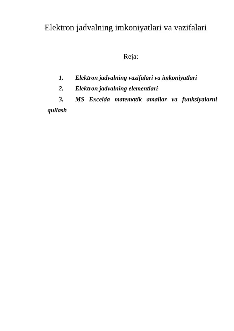 Elektron jadvalning imkoniyatlari va vazifalari 1