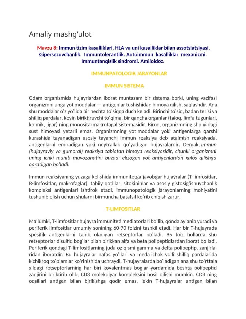 Immun tizim kasalliklari. HLA va uni kasalliklar bilan assotsiatsiyasi. Gipersezuvchanlik. 1
