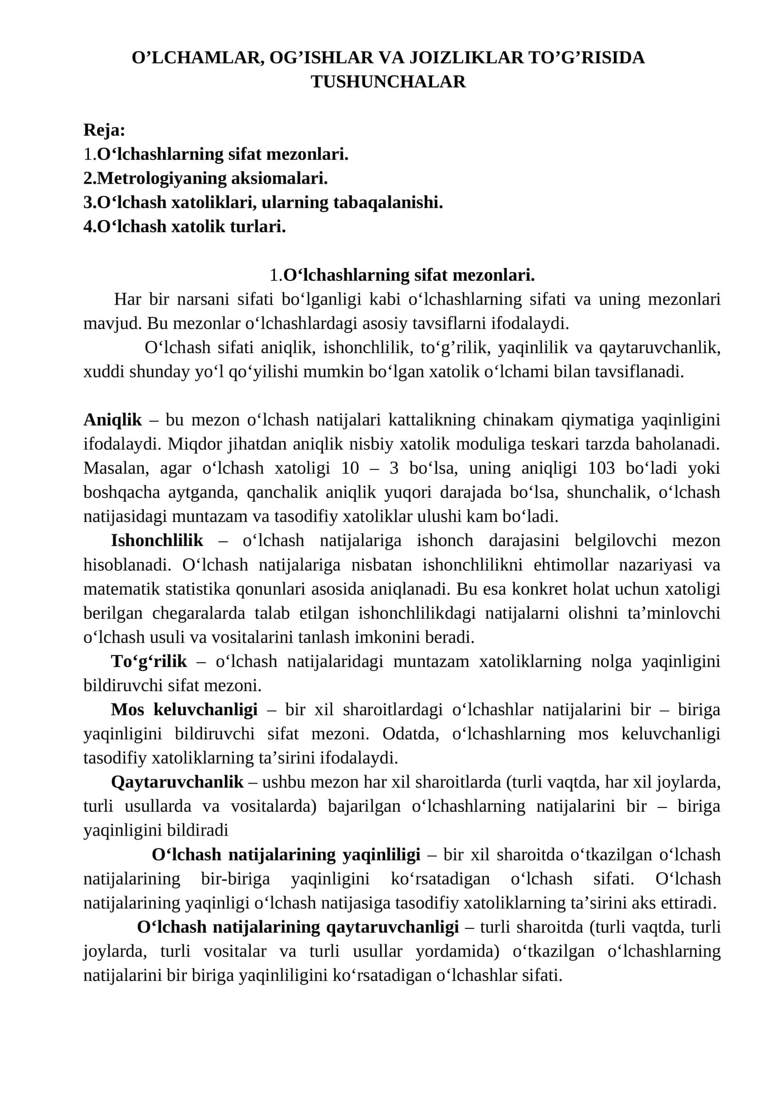 O‘LCHAMLAR, OG’ISHLAR VA JOIZLIKLAR TO’G’RISIDA TUSHUNCHALAR 1