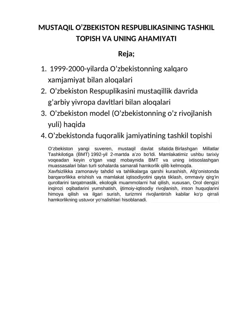 O‘zbekiston Respublikasining Tashkil Topish va Uning Ahamiyati 1
