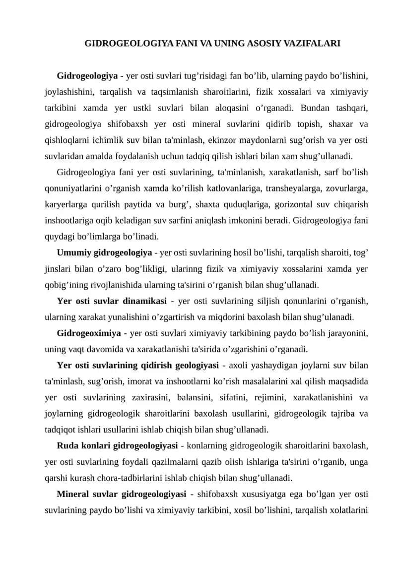 Gidrogeologiya Fani VA UNING ASOSIY VAZIFALARI 1