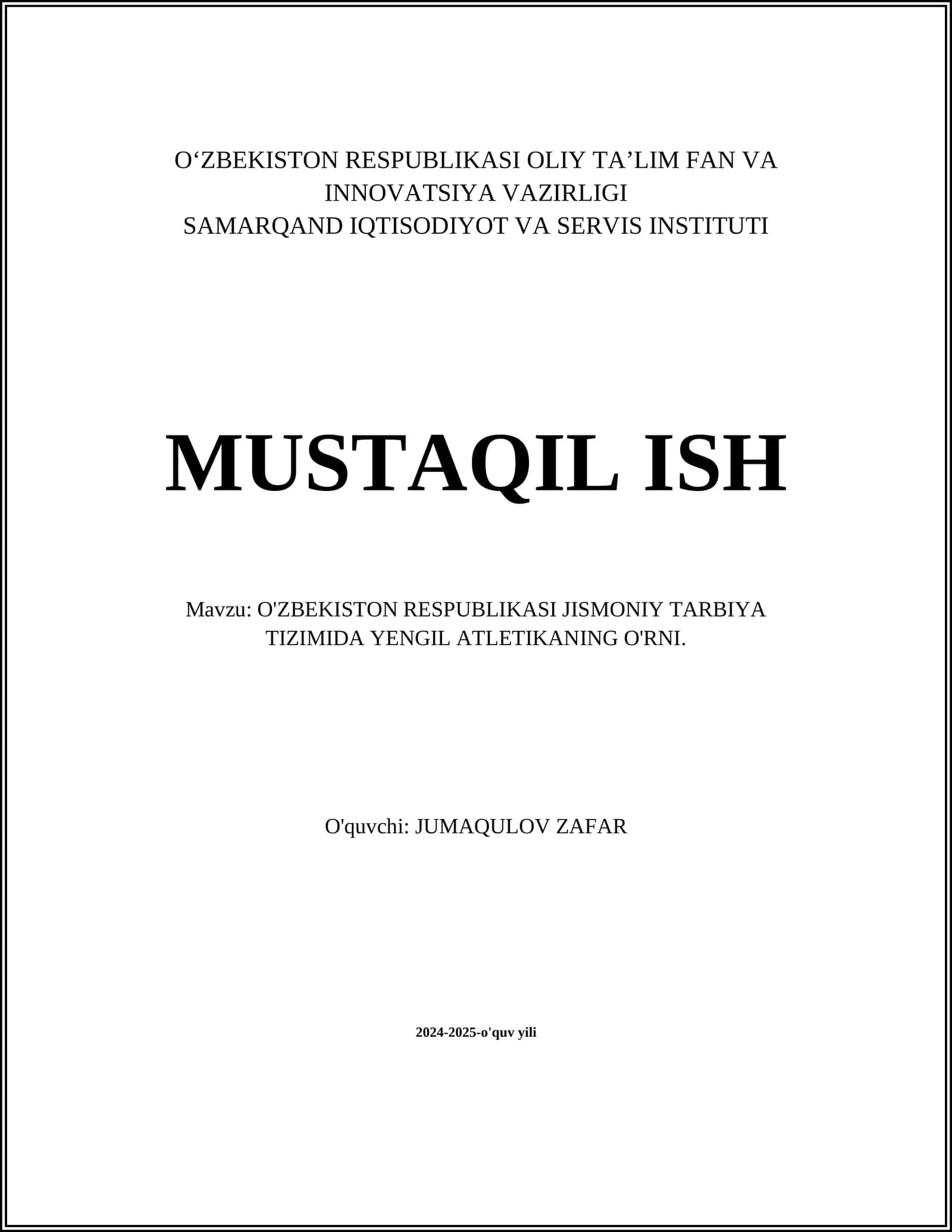 O'ZBEKISTON RESPUBLIKASI JISMONIY TARBIYA TIZIMIDA YENGIL ATLETIKANING O'RNI 1