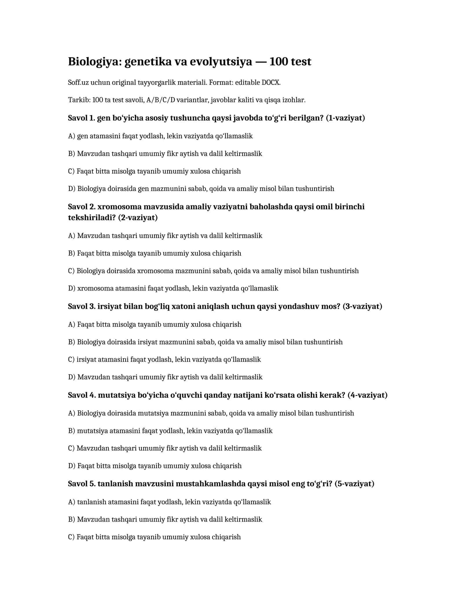 Biologiya: genetika va evolyutsiya — 100 test 1