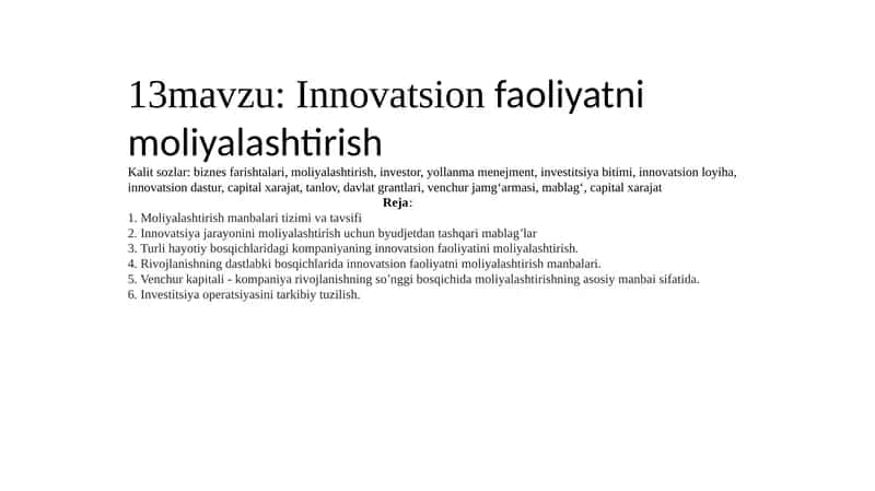 13mavzu: Innovatsion faoliyatni moliyalashtirish 1