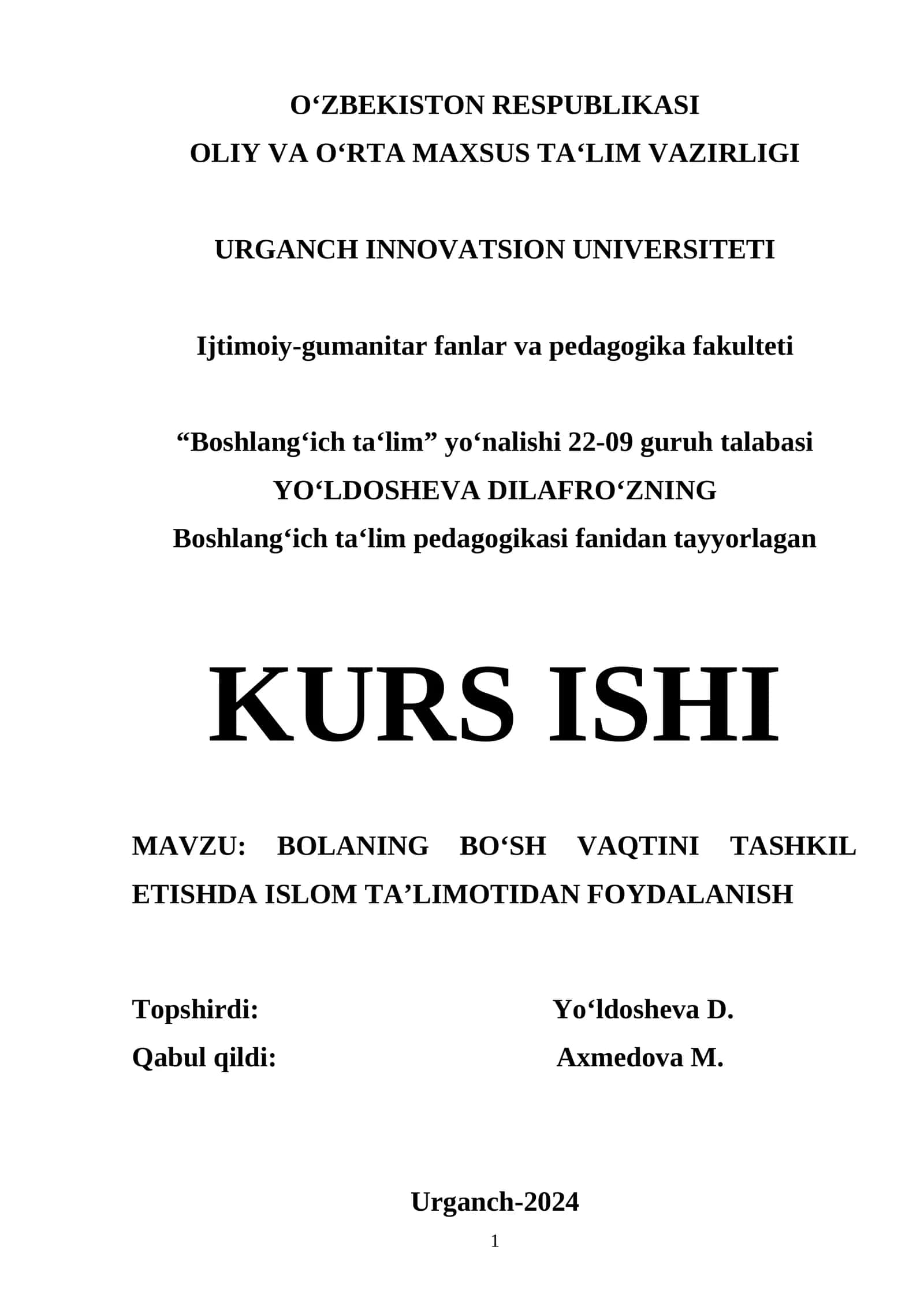 BOLANING BO‘SH VAQTINI TASHKIL ETISHDA ISLOM TA’LIMOTIDAN FOYDALANISH 1