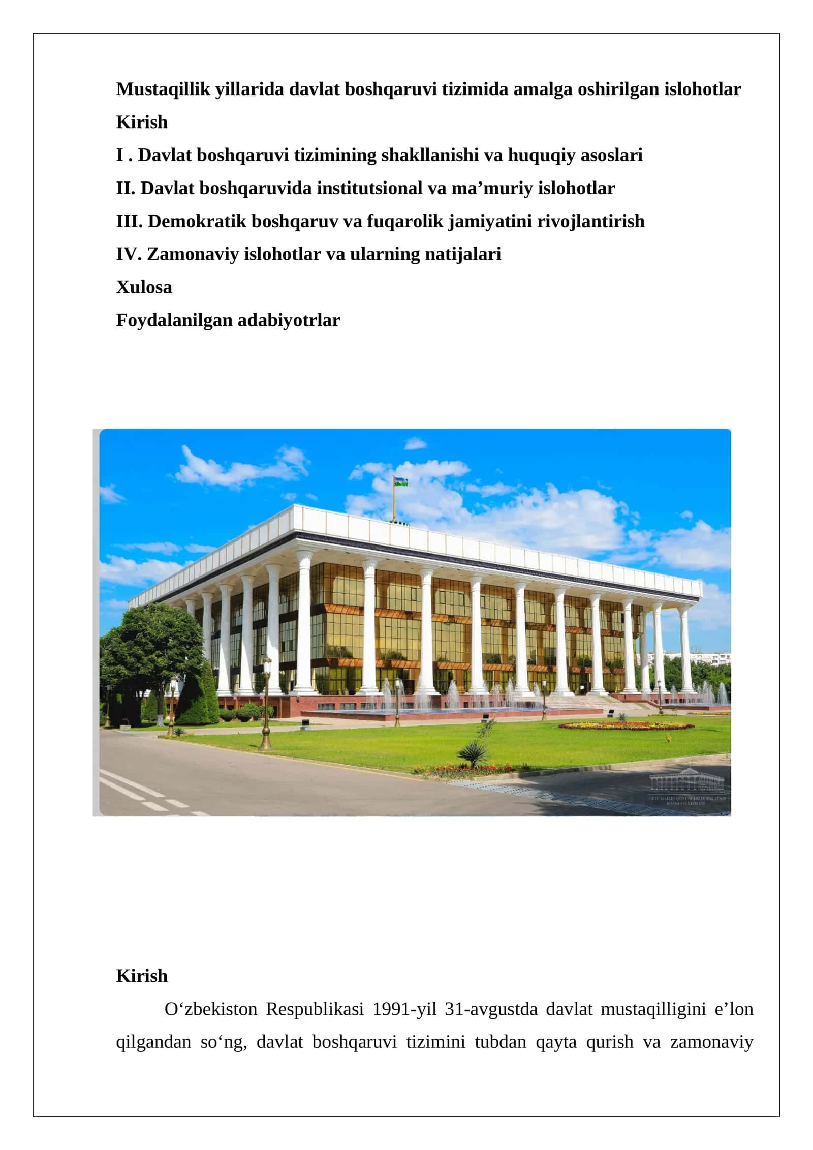 Mustaqillik yillarida davlat boshqaruvi tizimida amalga oshirilgan islohotlar 1