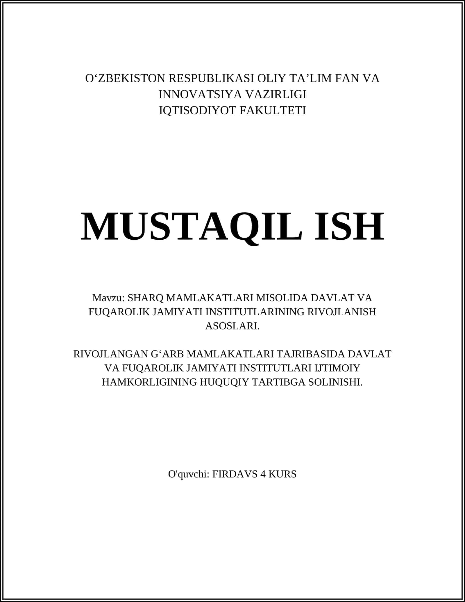SHARQ MAMLAKATLARI MISOLIDA DAVLAT VA FUQAROLIK JAMIYATI INSTITUTLARINING RIVOJLANISH ASOSLARI 1