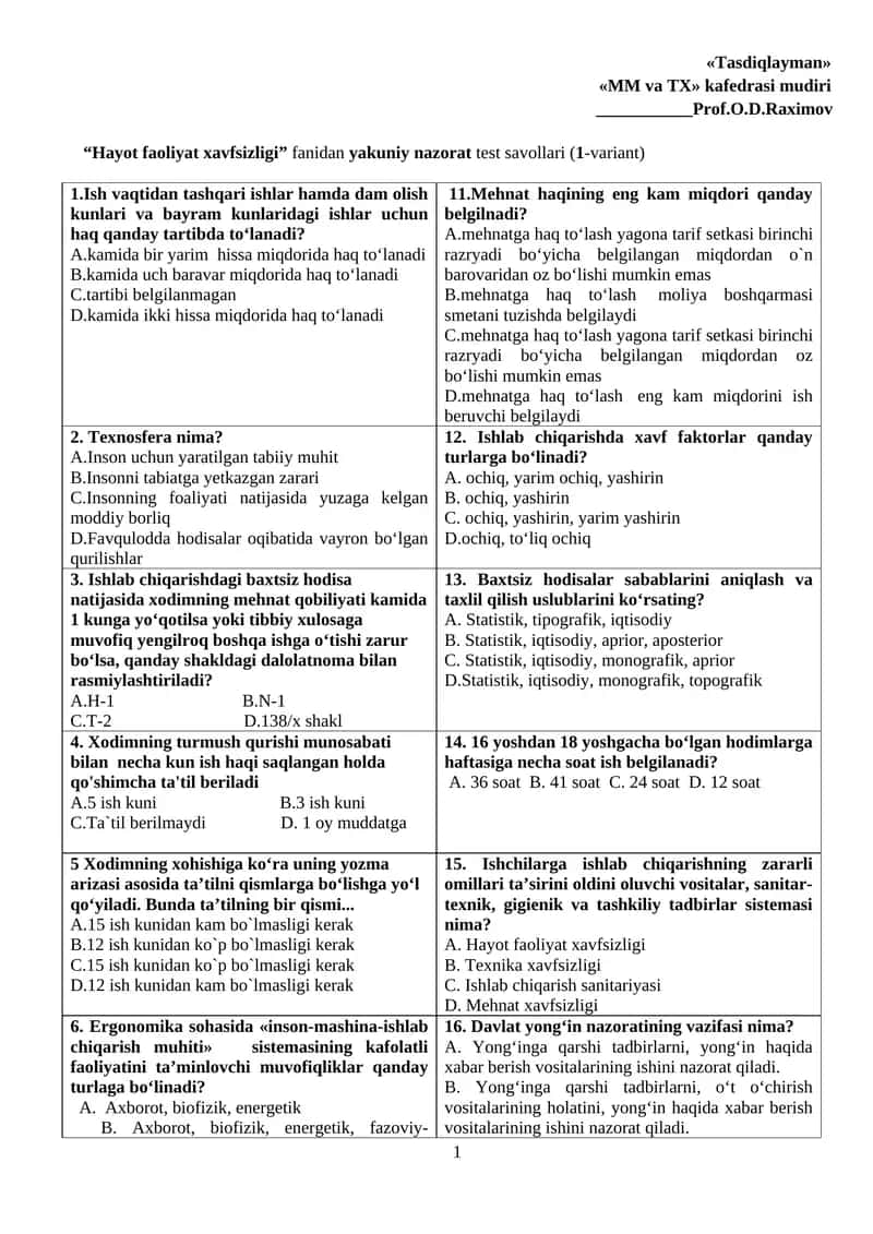 "Hayot faoliyat xavfsizligi" fanidan yakuniy nazorat test savollari 1