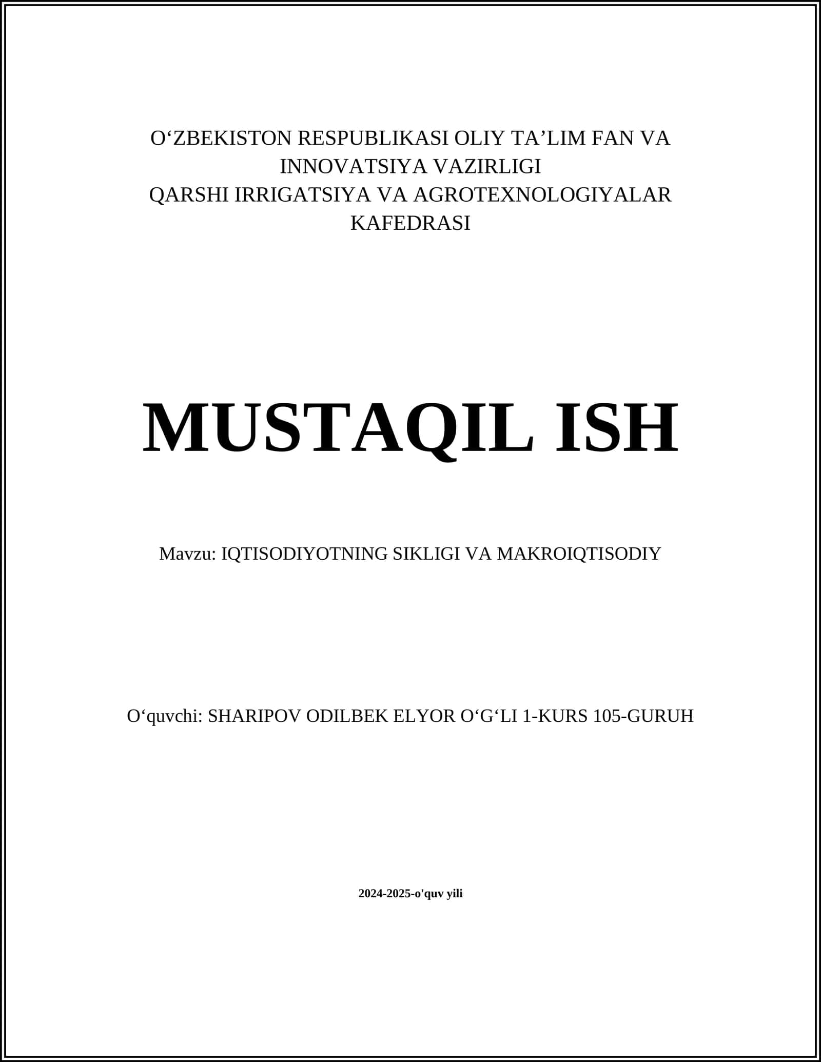 IQTISODIYOTNING SIKLIGI VA MAKROIQTISODIY 1