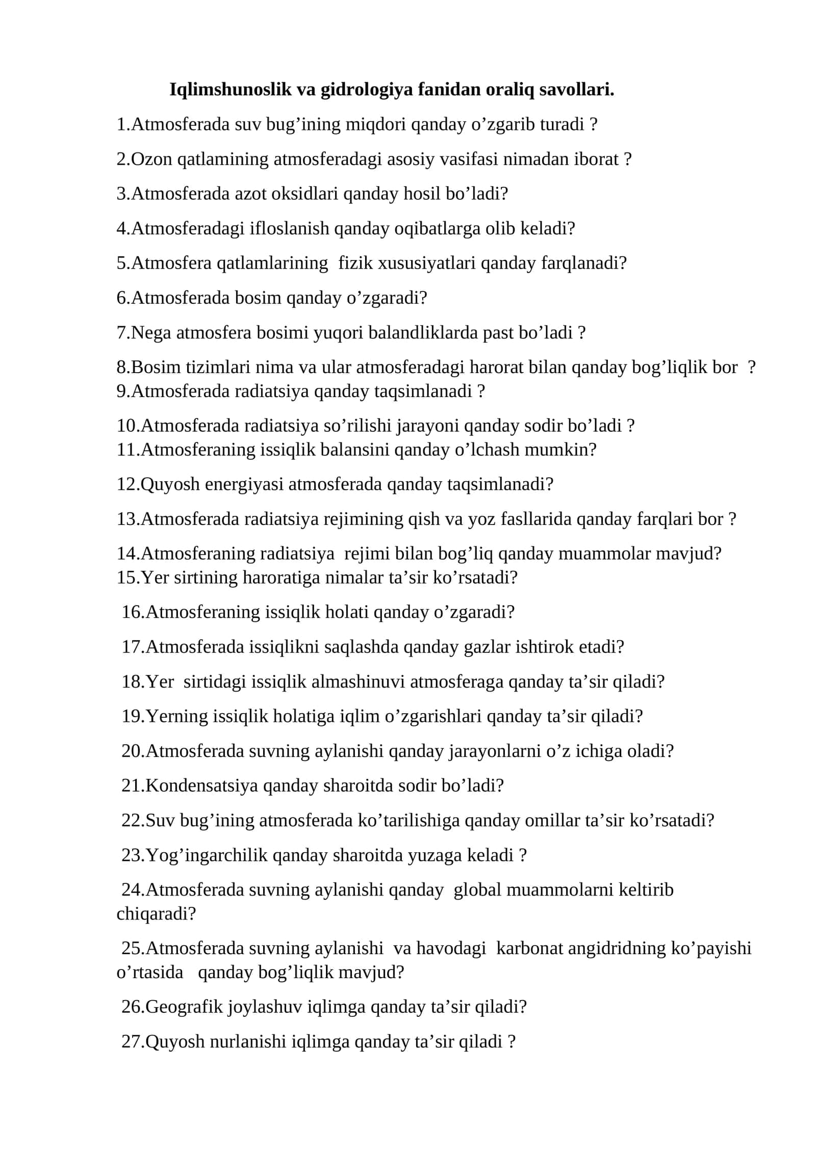 Iqlimshunoslik va gidrologiya fanidan oraliq savollari 1