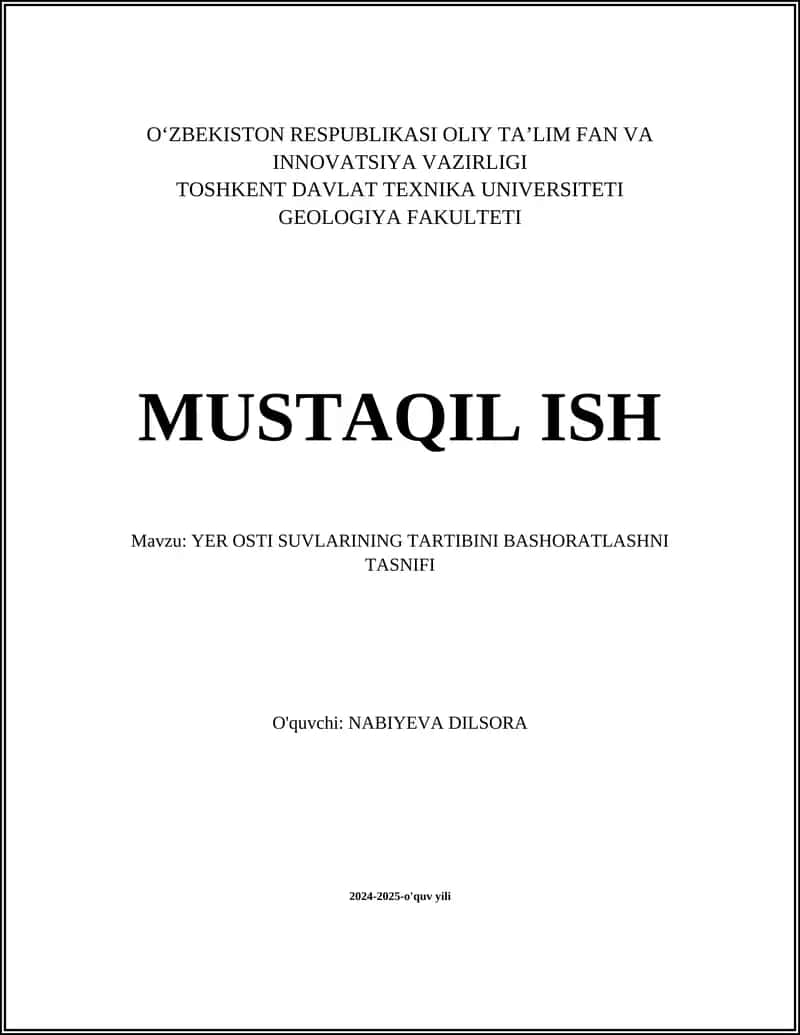 Yer osti suvlarining tartibini bashoratlashni tasnifi 1