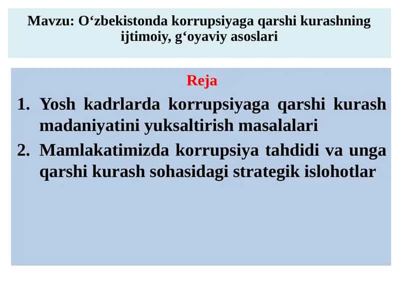 O‘zbekiston dako rupsiyaga qarshi kurashning ijtimoiy, g‘oyavi yasoslari 1