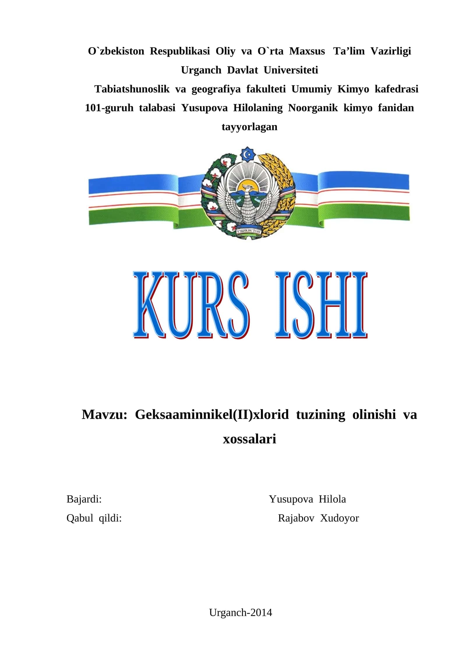 Geksaaminnikel(II)xlorid tuzining olinishi va xossalari 1
