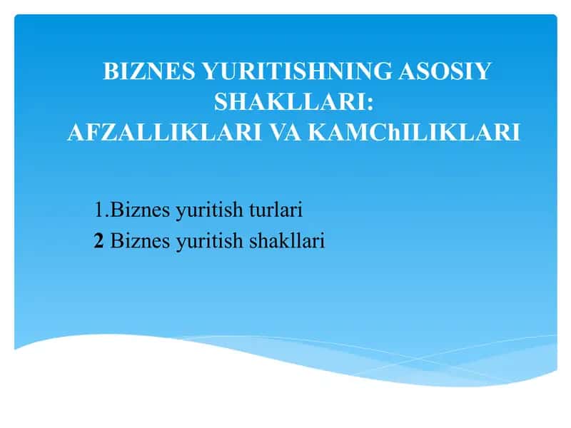 BIZNES YURITISHNING ASOSIY SHAKLLARI:AFZALLIKLARI VAKAMChILIKLARI 1