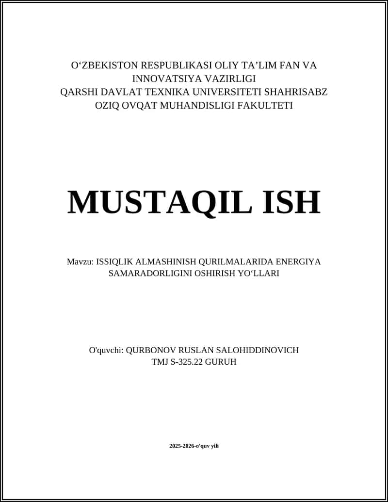 ISSIQLIK ALMASHINISH QURILMALARIDA ENERGIYA SAMARADORLIGINI OSHIRISH YOʻLLARI 1