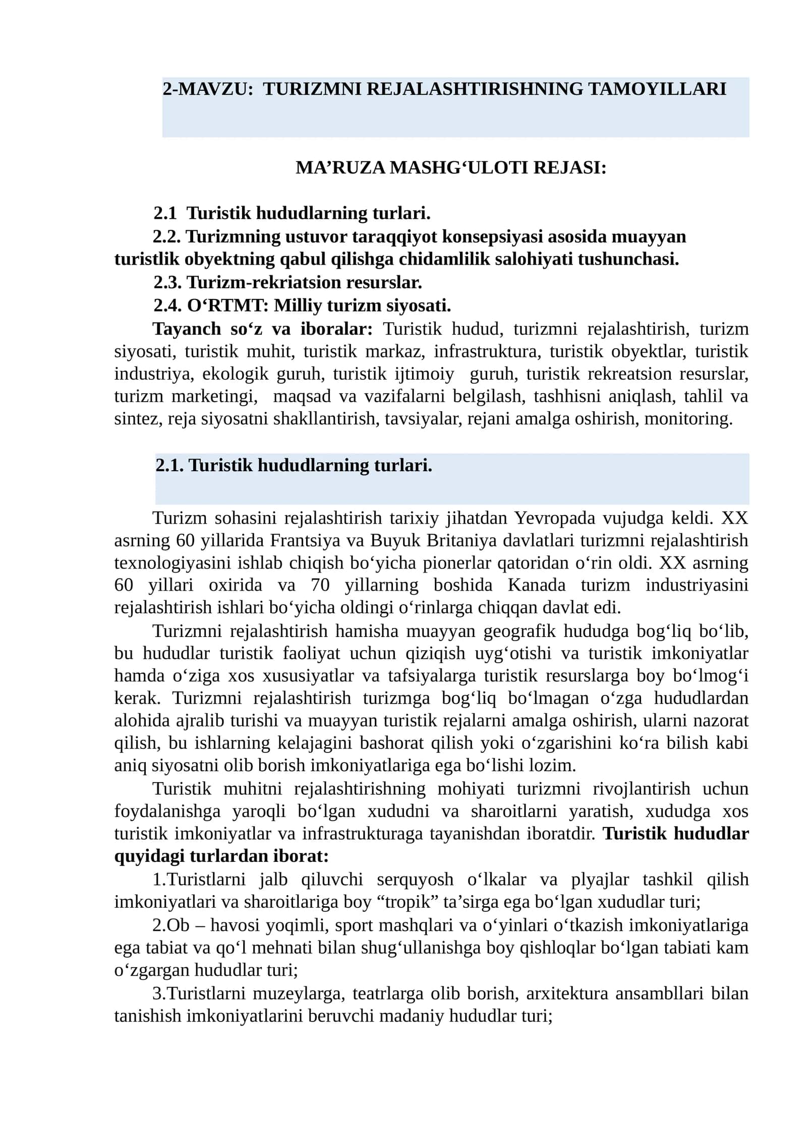 TURIZMNI REJALASHTIRISHNING TAMOYILLARI 1