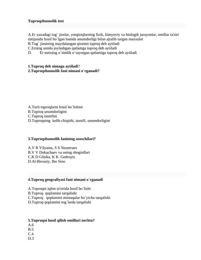 Tuproqshunoslik test 1