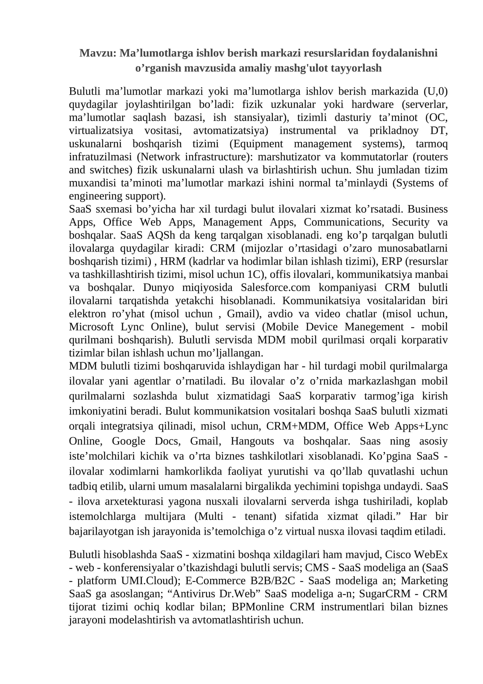 Ma’lumotlarga ishlov berish markazi resurslaridan foydalanishni o’rganish mavzusida amaliy mashg'ulot tayyorlash 1