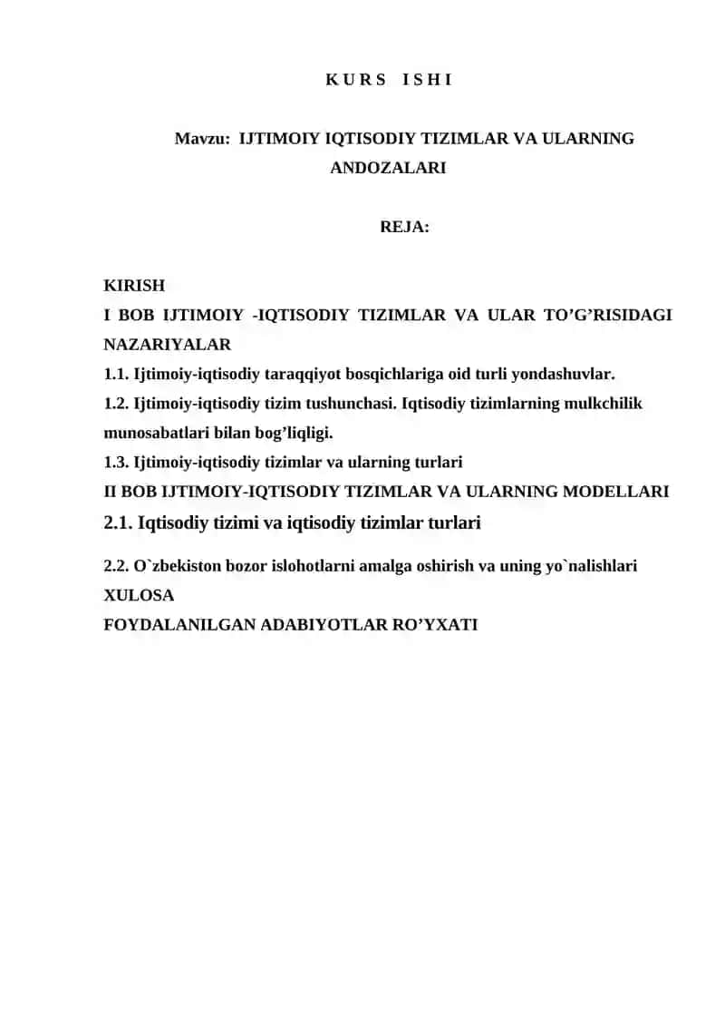 IJTIMOIY IQTISODIY TIZIMLAR VA ULARNING ANDOZALARI