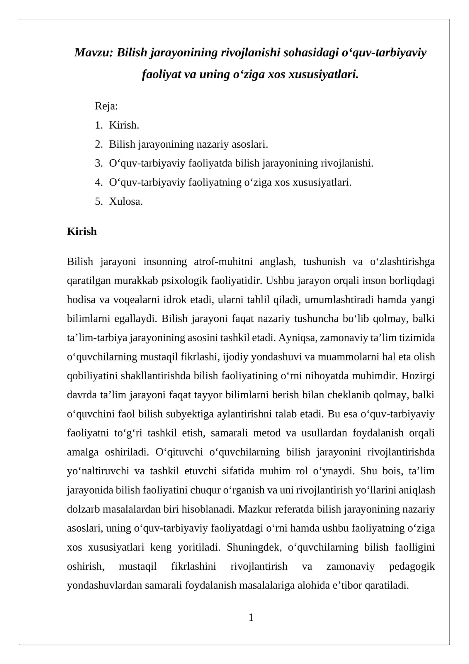 Bilish jarayonining rivojlanishi sohasidagi o‘quv-tarbiyaviy faoliyat va uning o‘ziga xos xususiyatlari 1