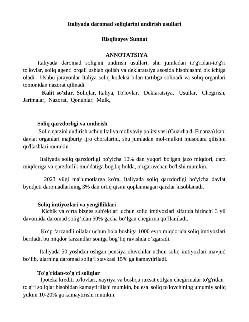 Soliqlar va undirish Italiyada 1
