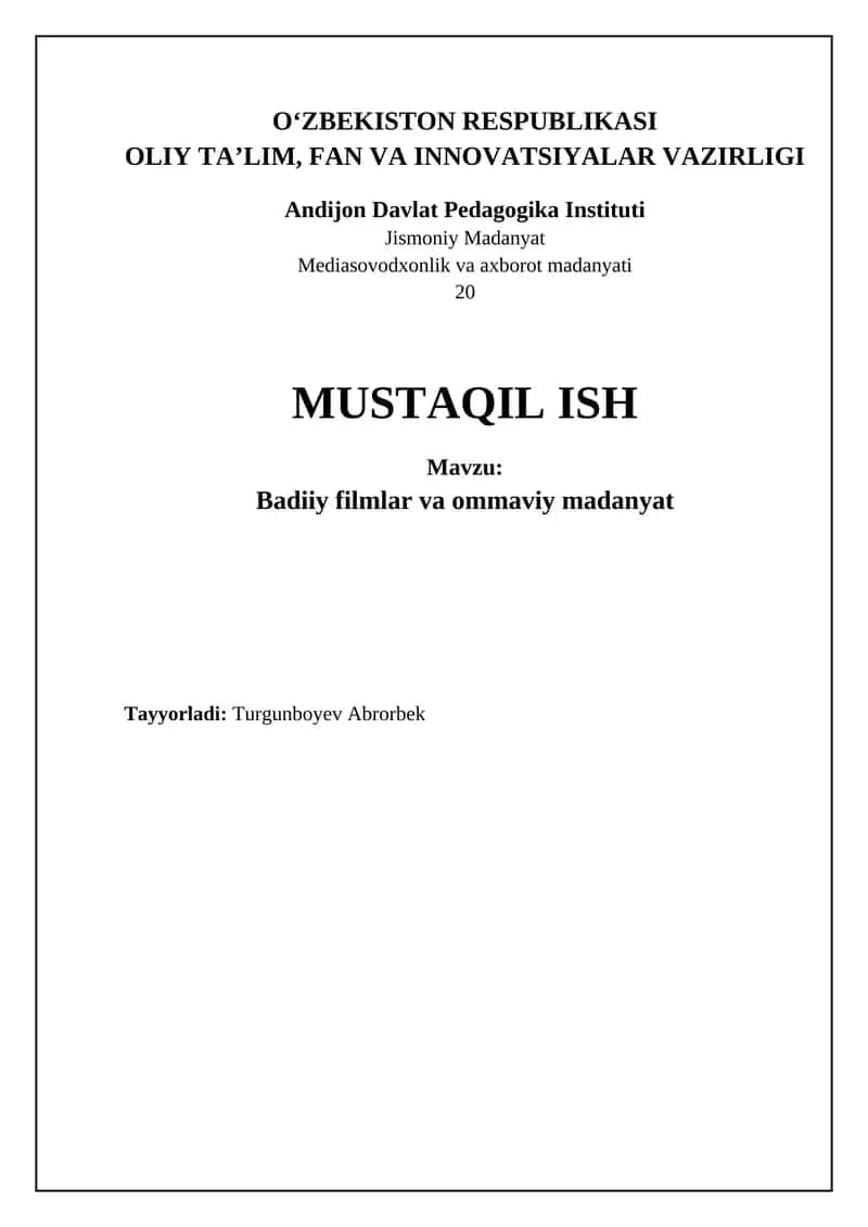 Badiiy filmlar va ommaviy madanyat 1