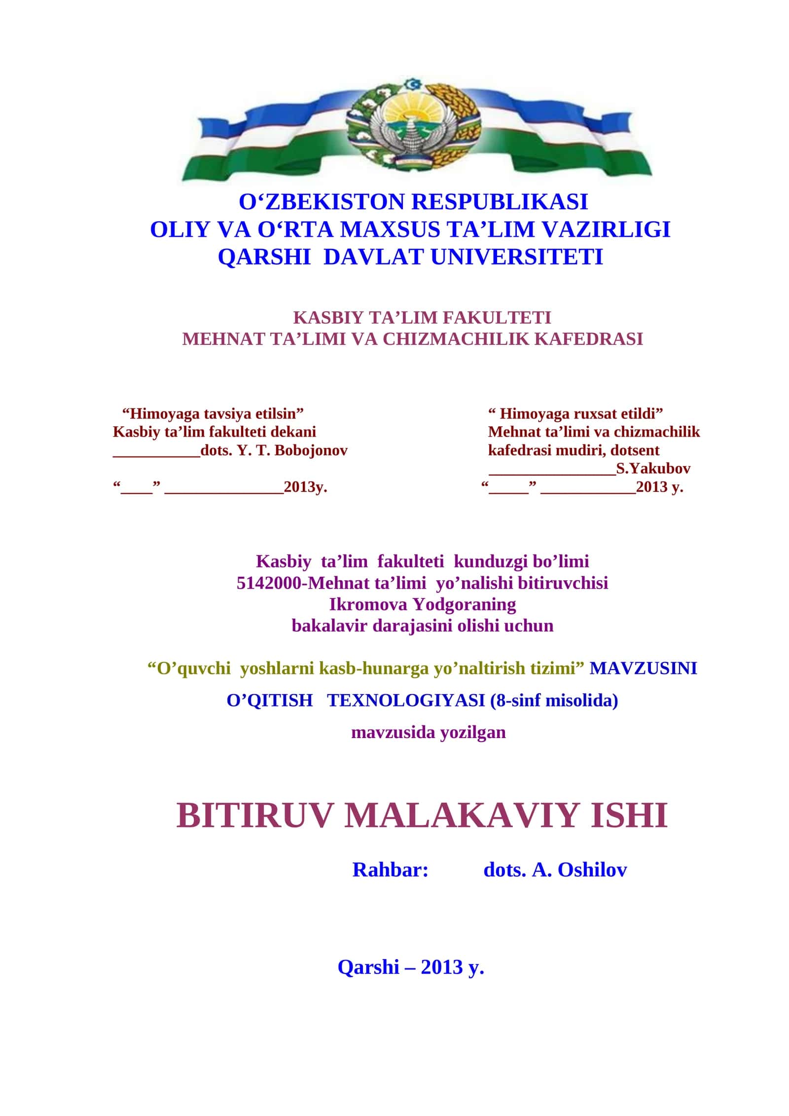 “O’quvchi yoshlarni kasb-hunarga yo’naltirish tizimi” MAVZUSINI O’QITISH TEXNOLOGIYASI (8-sinf misolida) 1