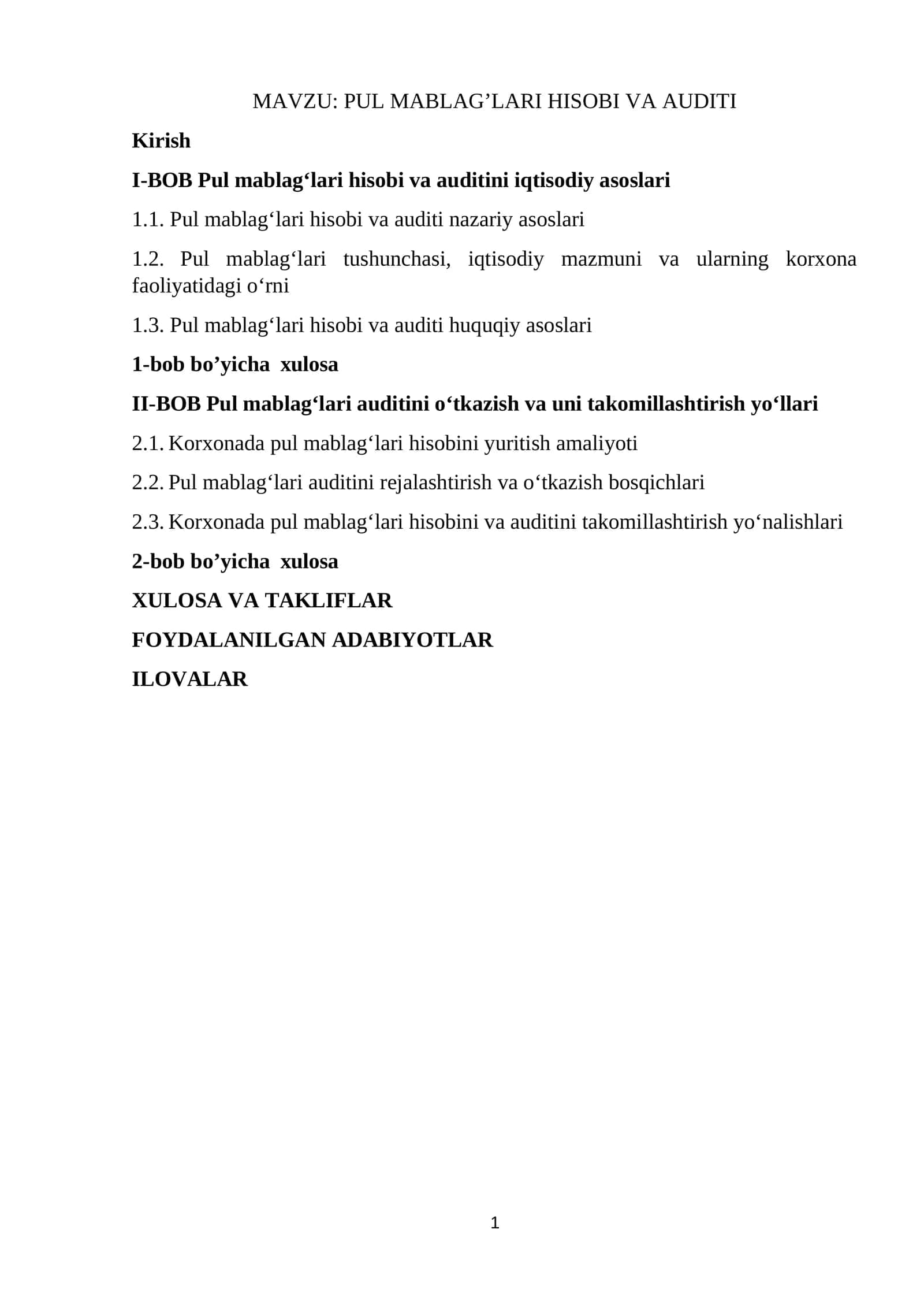 PUL MABLAG’LARI HISOBI VA AUDITI 1