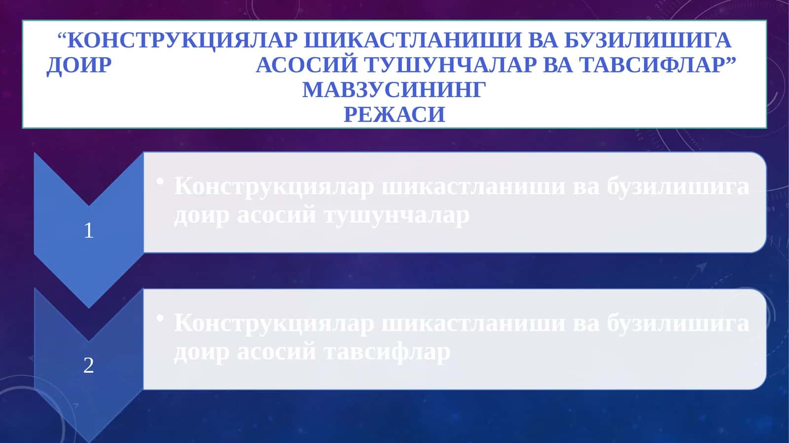 "Конструкциялар шикастланиши ва бузилишига доир асосий тушунчалар ва тавсифлар" мавзуси 1