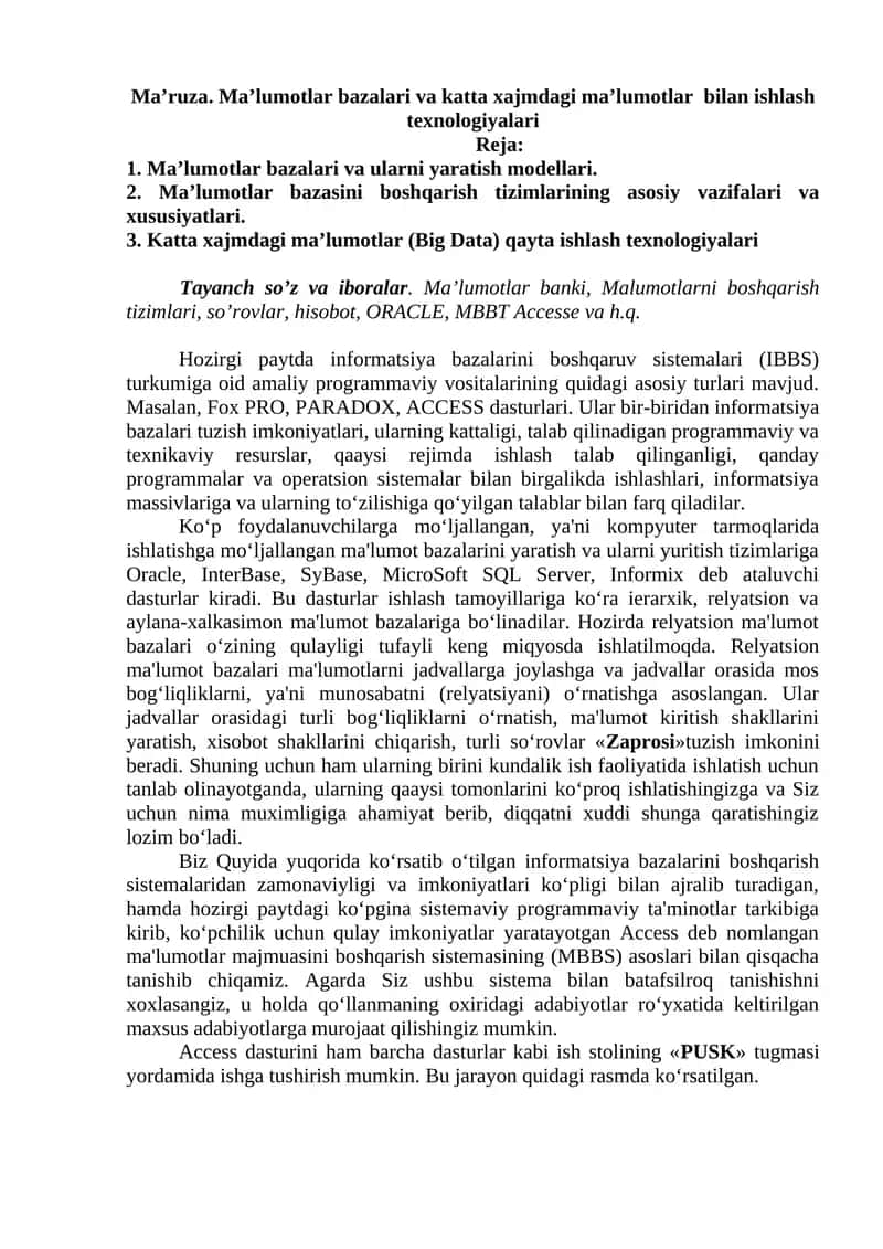 Ma’lumotlar bazalari va katta xajmdagi ma’lumotlar bilan ishlash texnologiyalari 1