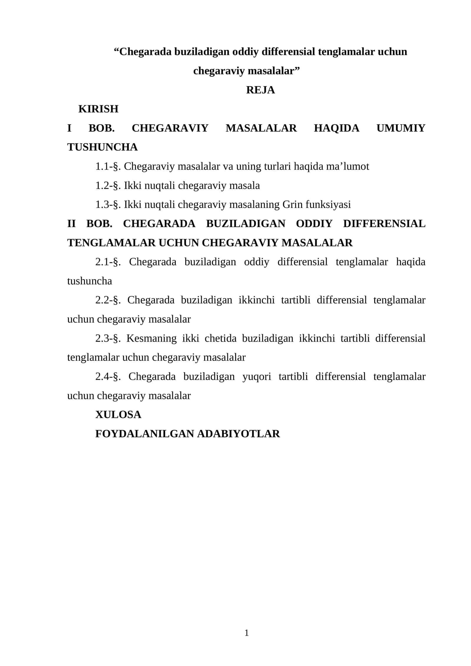 Chegarada buziladigan oddiy differensial tenglamalar uchun chegaraviy masalalar 1