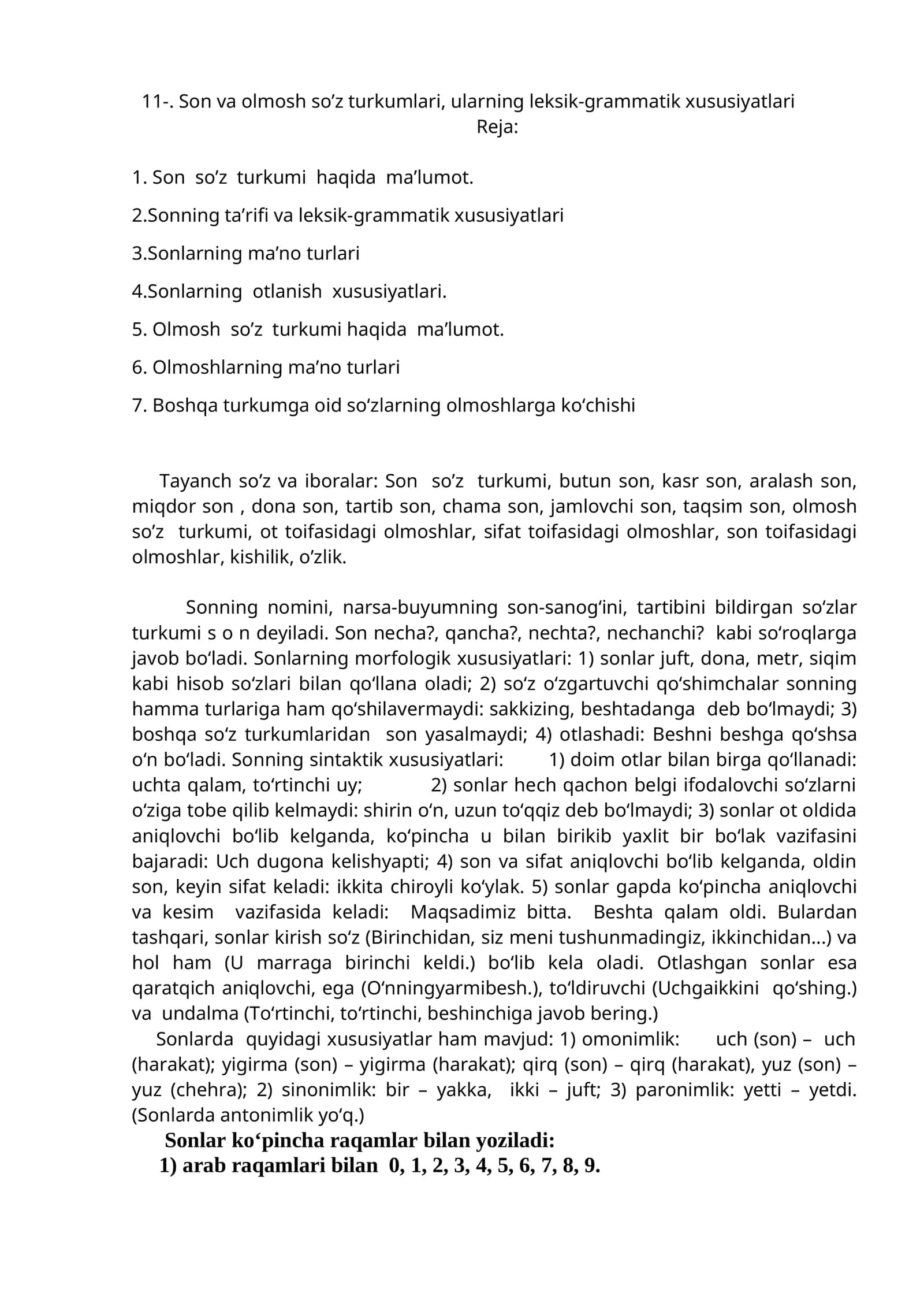 Son va olmosh so’z turkumlari, ularning leksik-grammatik xususiyatlari 1