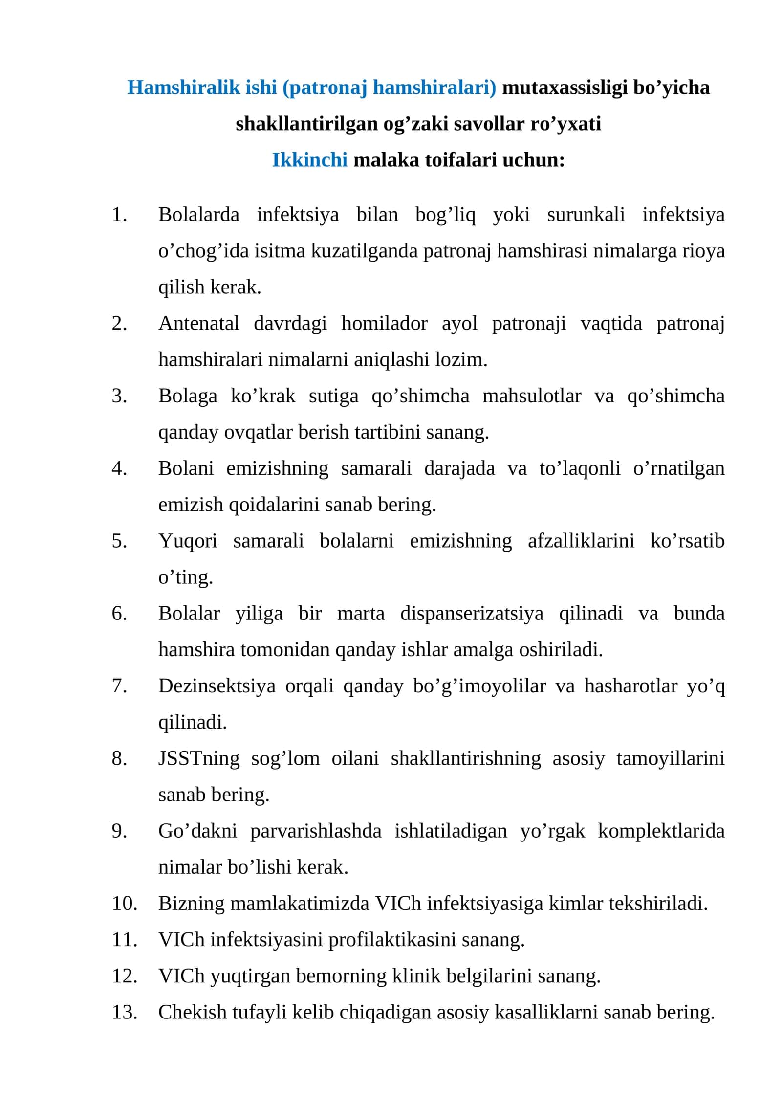 Hamshiralik ishi (patronaj hamshiralari) mutaxassisligi bo’yicha shakllantirilgan og’zaki savollar ro’yxati 1
