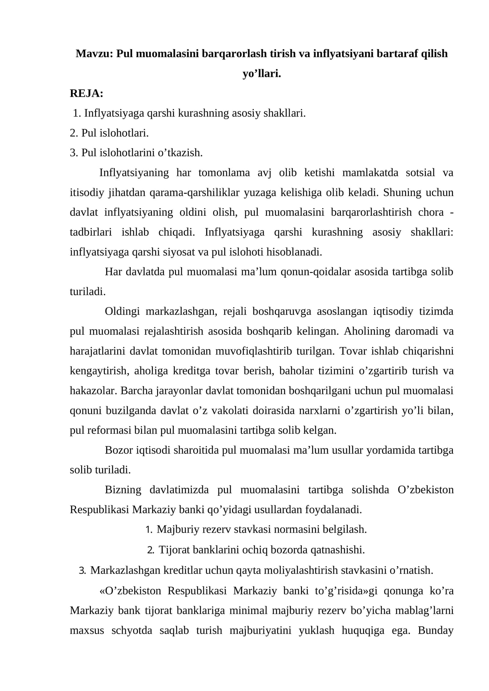 Pul muomalasini barqarorlash tirish va inflyatsiyani bartaraf qilish yo’llari 1
