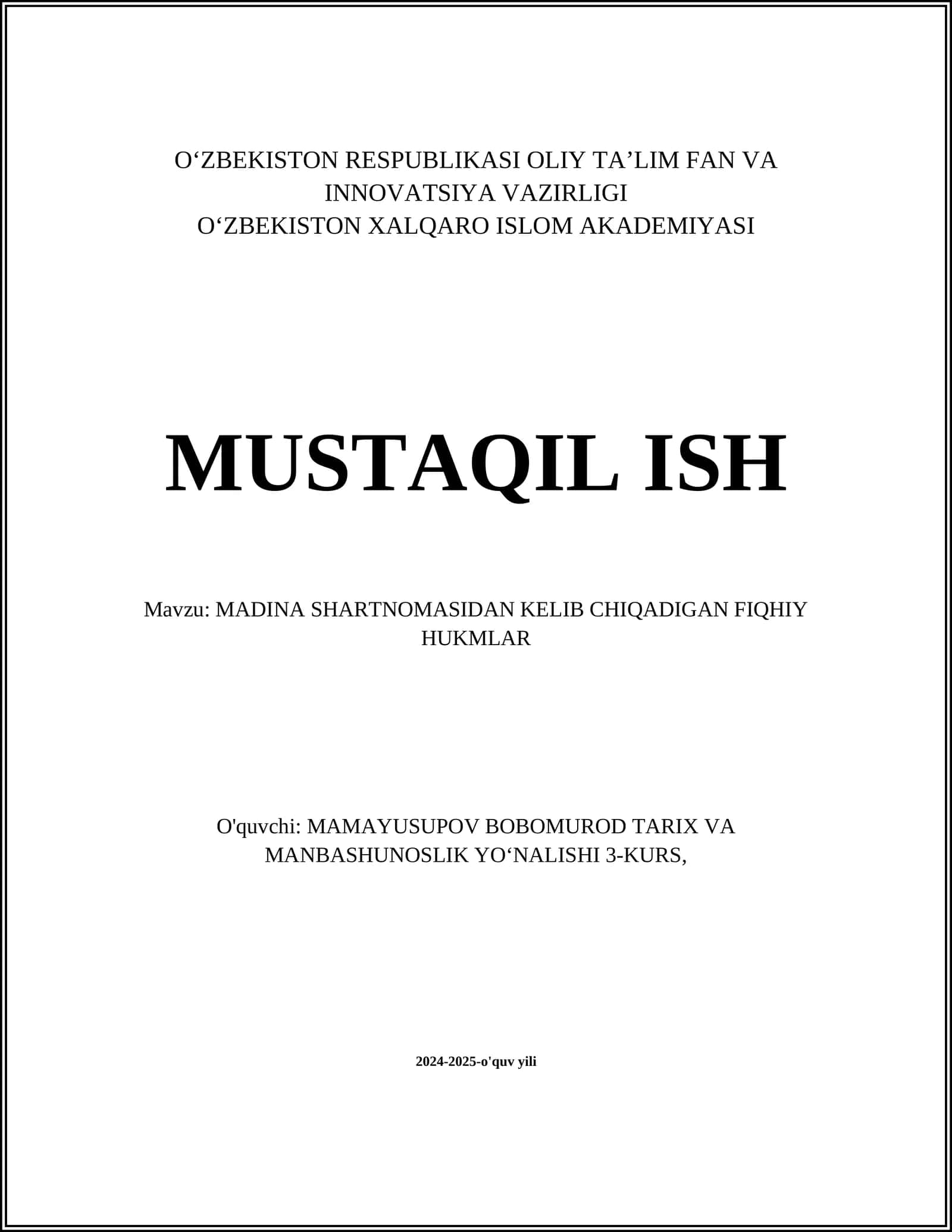 MADINA SHARTNOMASIDAN KELIB CHIQADIGAN FIQHIY HUKMLAR 1