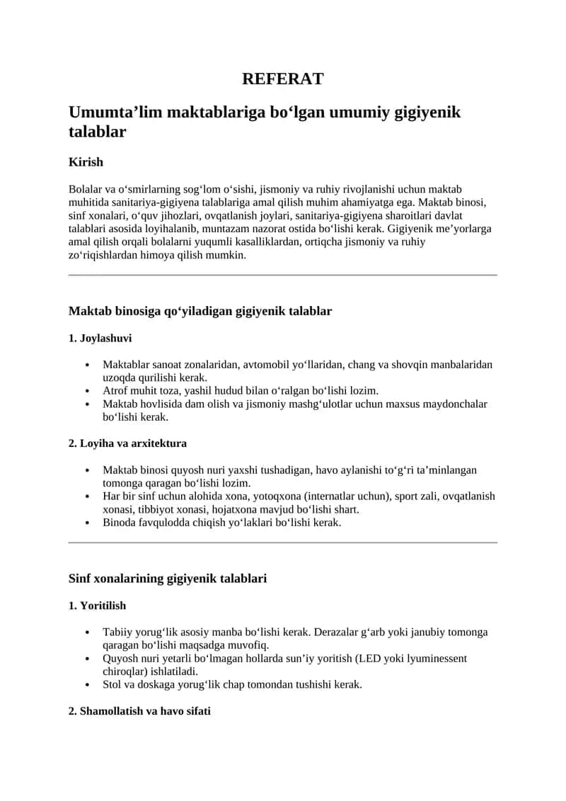 Umumta’lim maktablariga bo‘lgan umumiy gigiyenik talablar 1