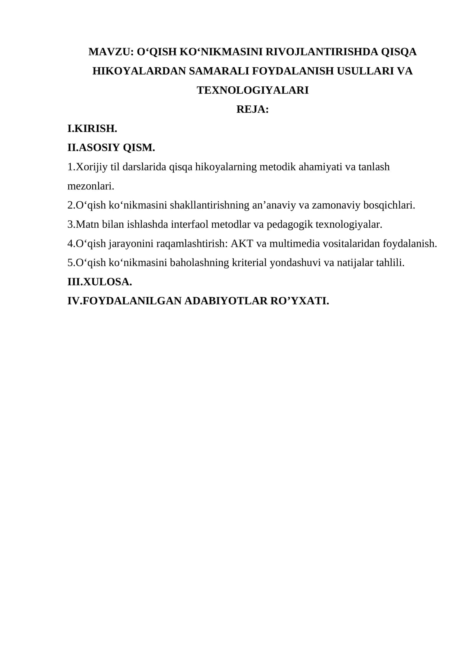 O‘QISH KO‘NIKMASINI RIVOJLANTIRISHDA QISQA HIKOYALARDAN SAMARALI FOYDALANISH USULLARI VA TEXNOLOGIYALARI 1