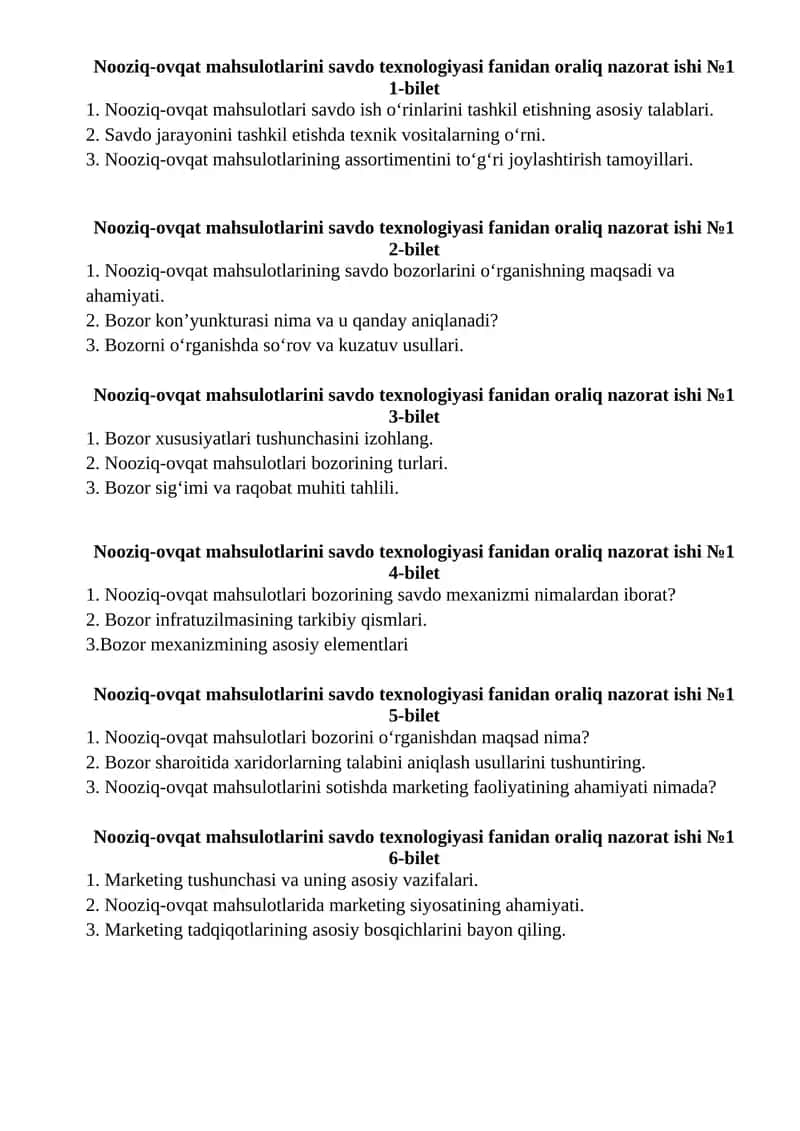 Nooziq-ovqat mahsulotlarini savdo texnologiyasi fanidan oraliq nazorat ishi №1 1