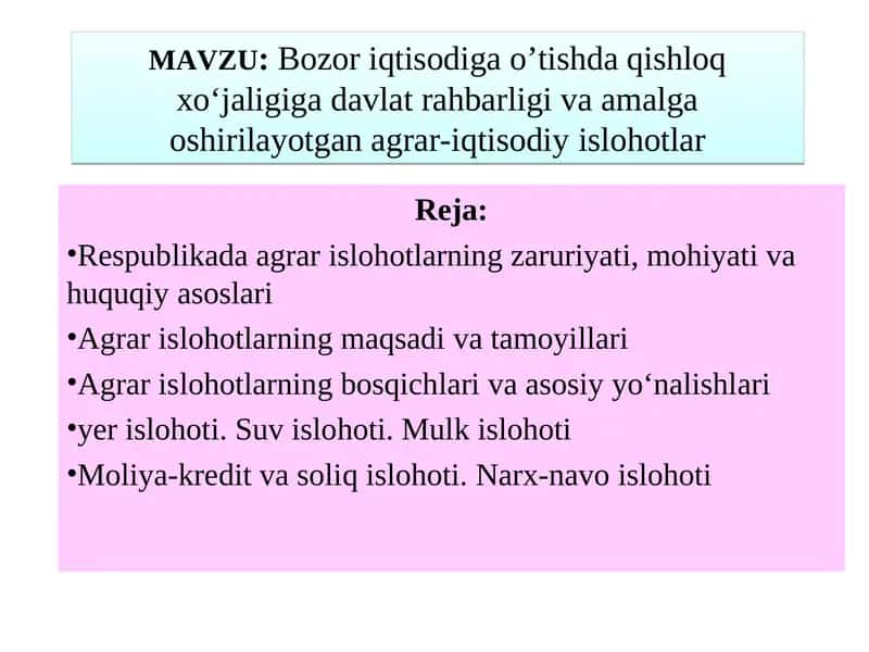 Bozor iqtisodiga o’tishda qishloq xo‘jaligiga davlat rahbarligi va amalga oshirilayotgan agrar-iqtisodiyislohotlar 1