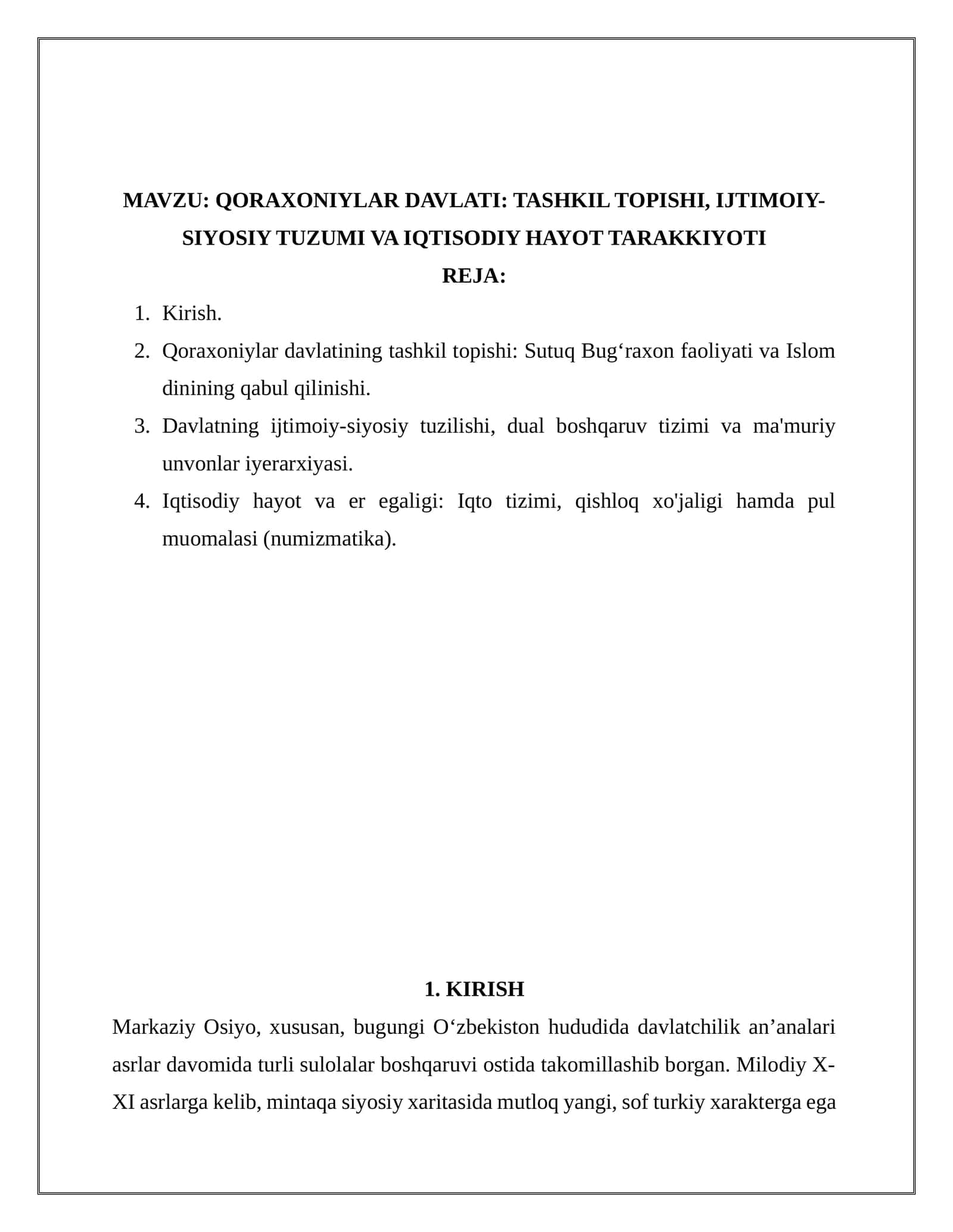 QORAXONIYLAR DAVLATI: TASHKIL TOPISHI, IJTIMOIY-SIYOSIY TUZUMI VA IQTISODIY HAYOT TARAKKIYOTI 1