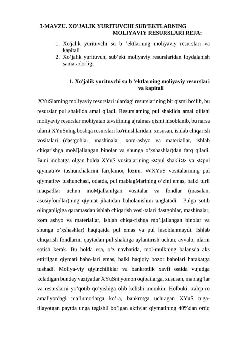 Xo'jalik Yurituvchi Sub’ektlarning Moliyaviy Resurslari Reja 1