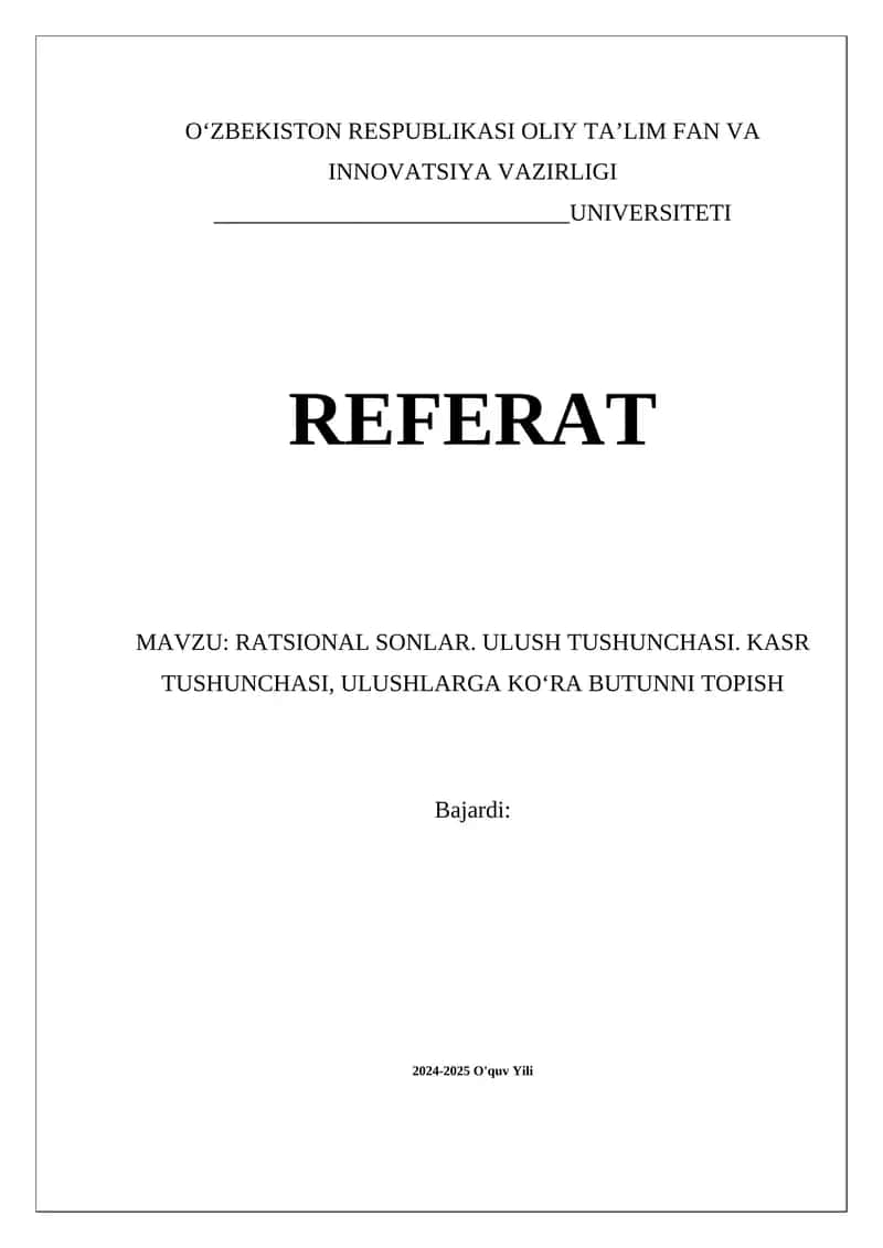 Ratsional sonlar. Ulush tushunchasi. Kasr tushunchasi, ulushlarga koʻra butunni topish 1
