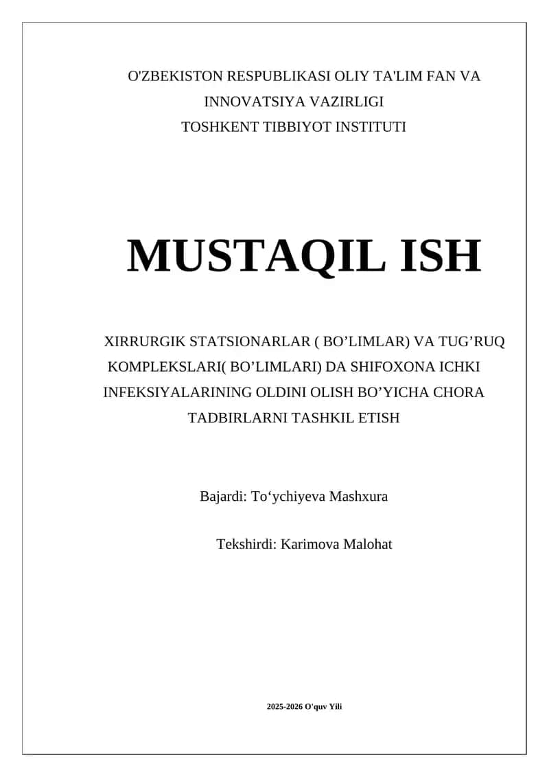 Shifoxona Ichkilar Infeksiyalarini Oldini Olish Chora Tadbirlari 1