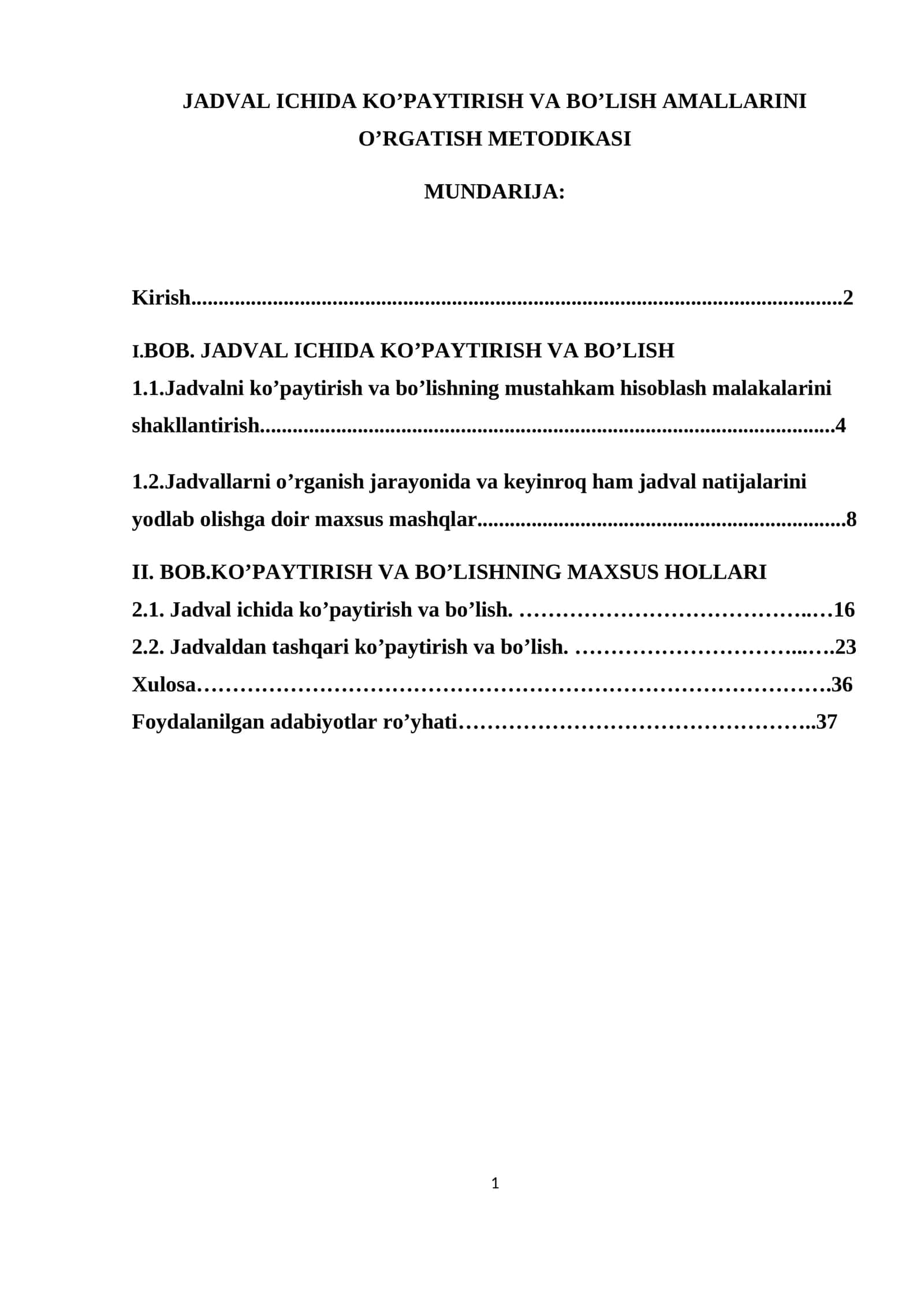 Jadval Ichida Ko’paytirish va Bo’lish Amallarini O’rgatish Metodikasi 1