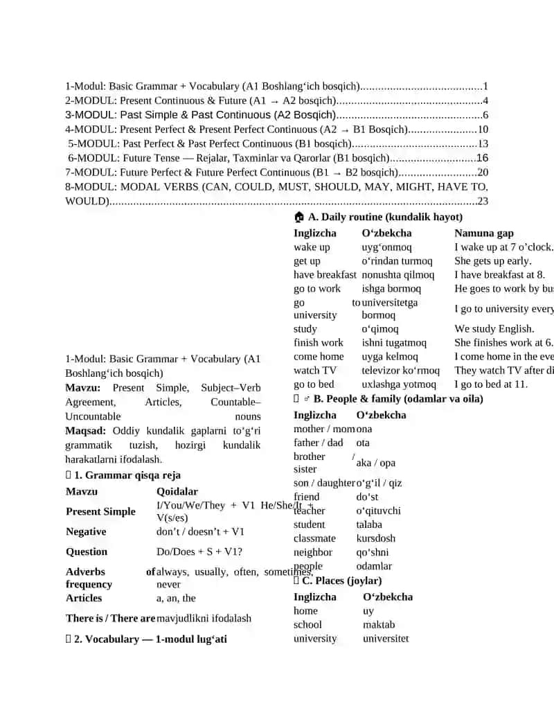 1-Modul: Basic Grammar + Vocabulary (A1 Boshlang‘ich bosqich)
