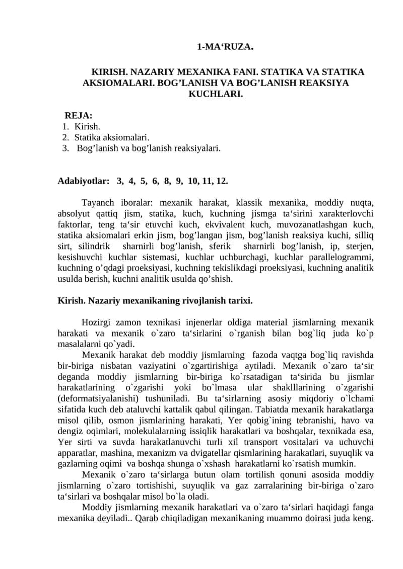 Kirish. Nazariy Mexanika Fani 1