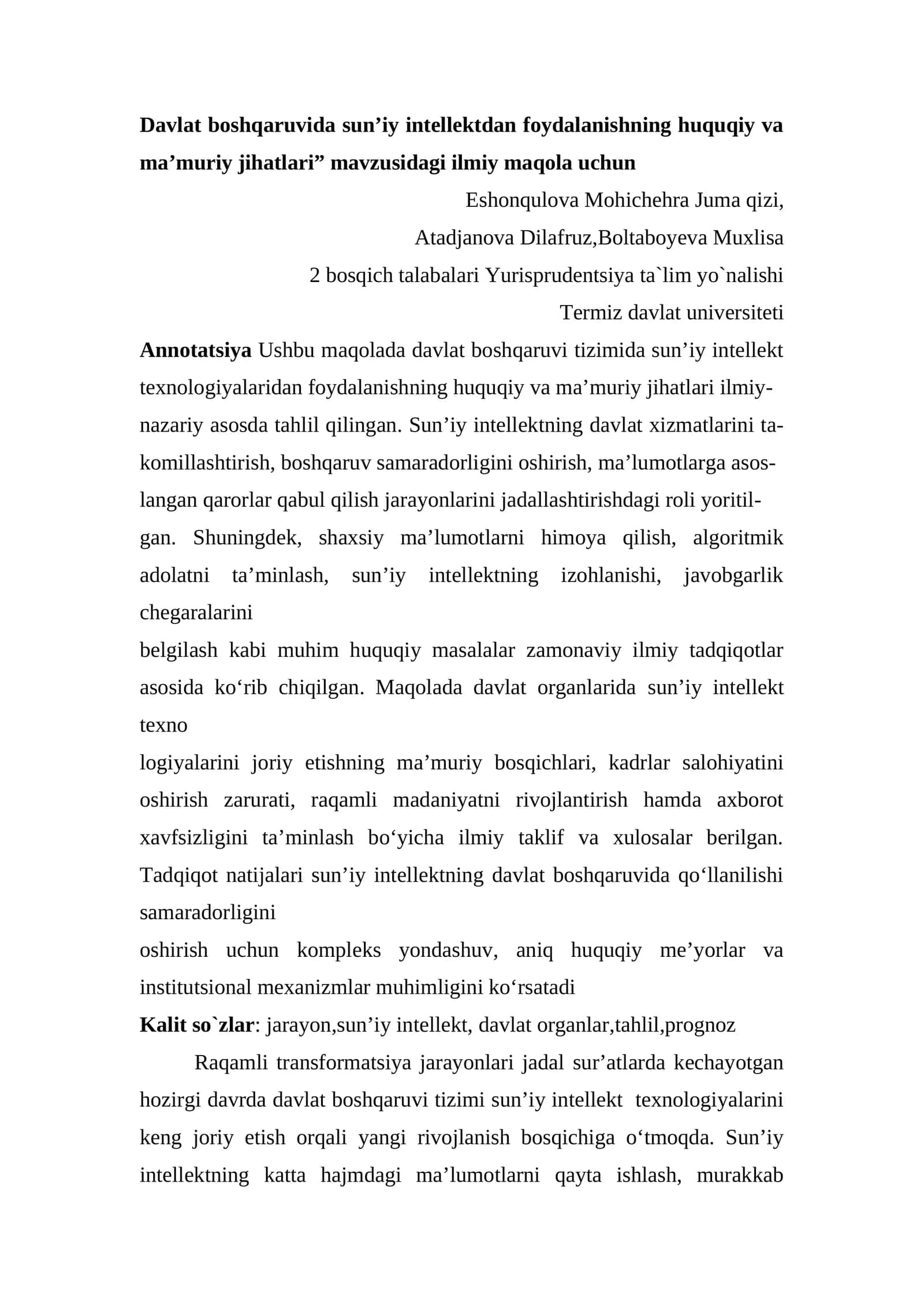 Davlat boshqaruvida sun’iy intellektdan foydalanishning huquqiy va ma’muriy jihatlari 1