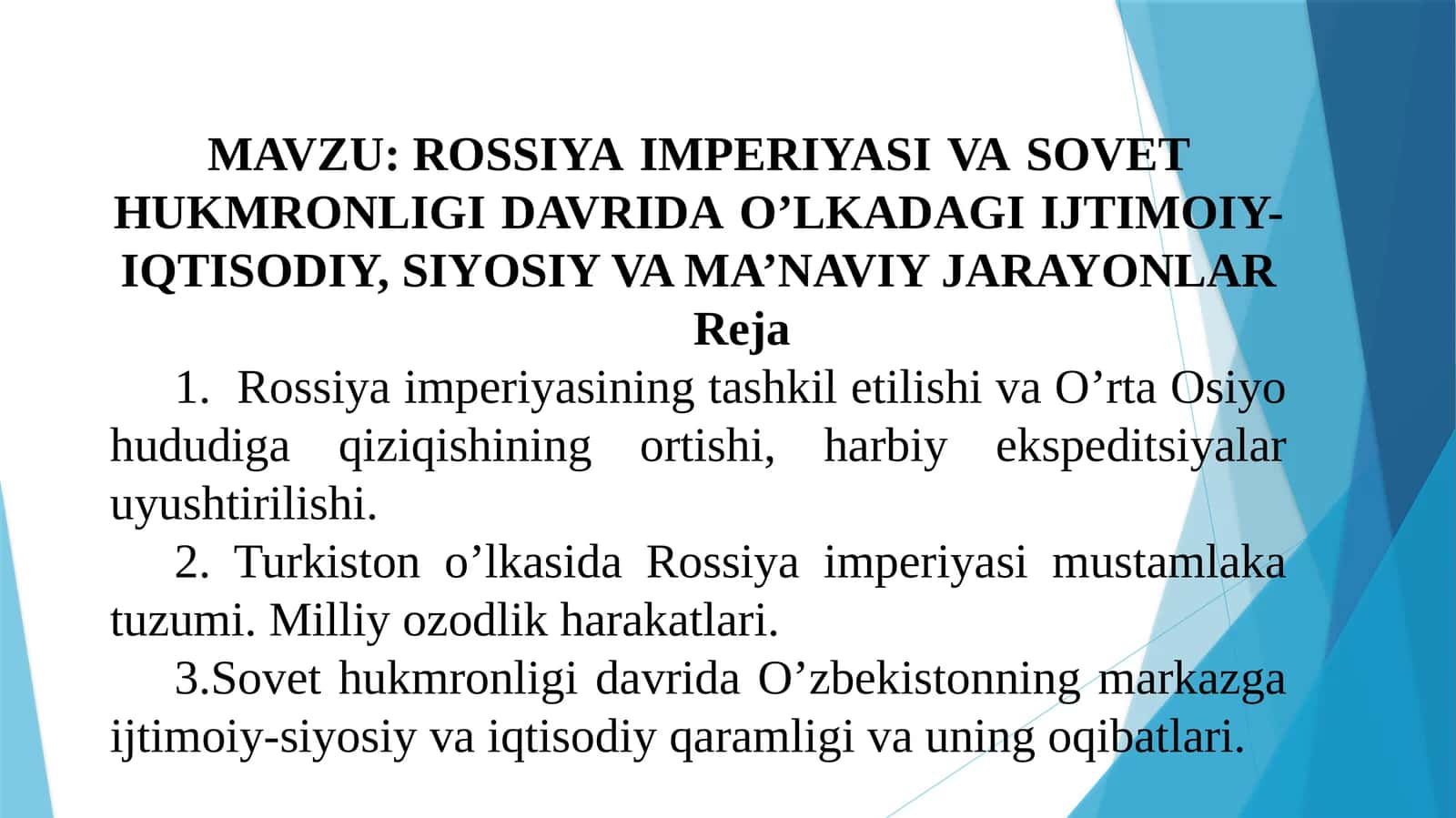 ROSSIYA IMPERIYASIVASOVETHUKMRONLIGIDAVRIDAO’LKADAGIIJTIMOIY-IQTISODIY, SIYOSIY VA MA’NAVIY JARAYONLAR 1