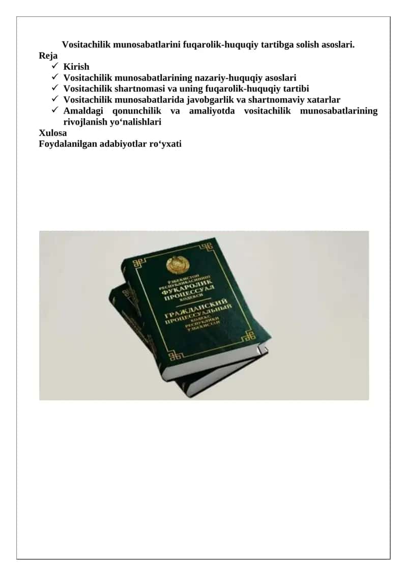 Vositachilik munosabatlarini fuqarolik-huquqiy tartibga solish asoslari 1
